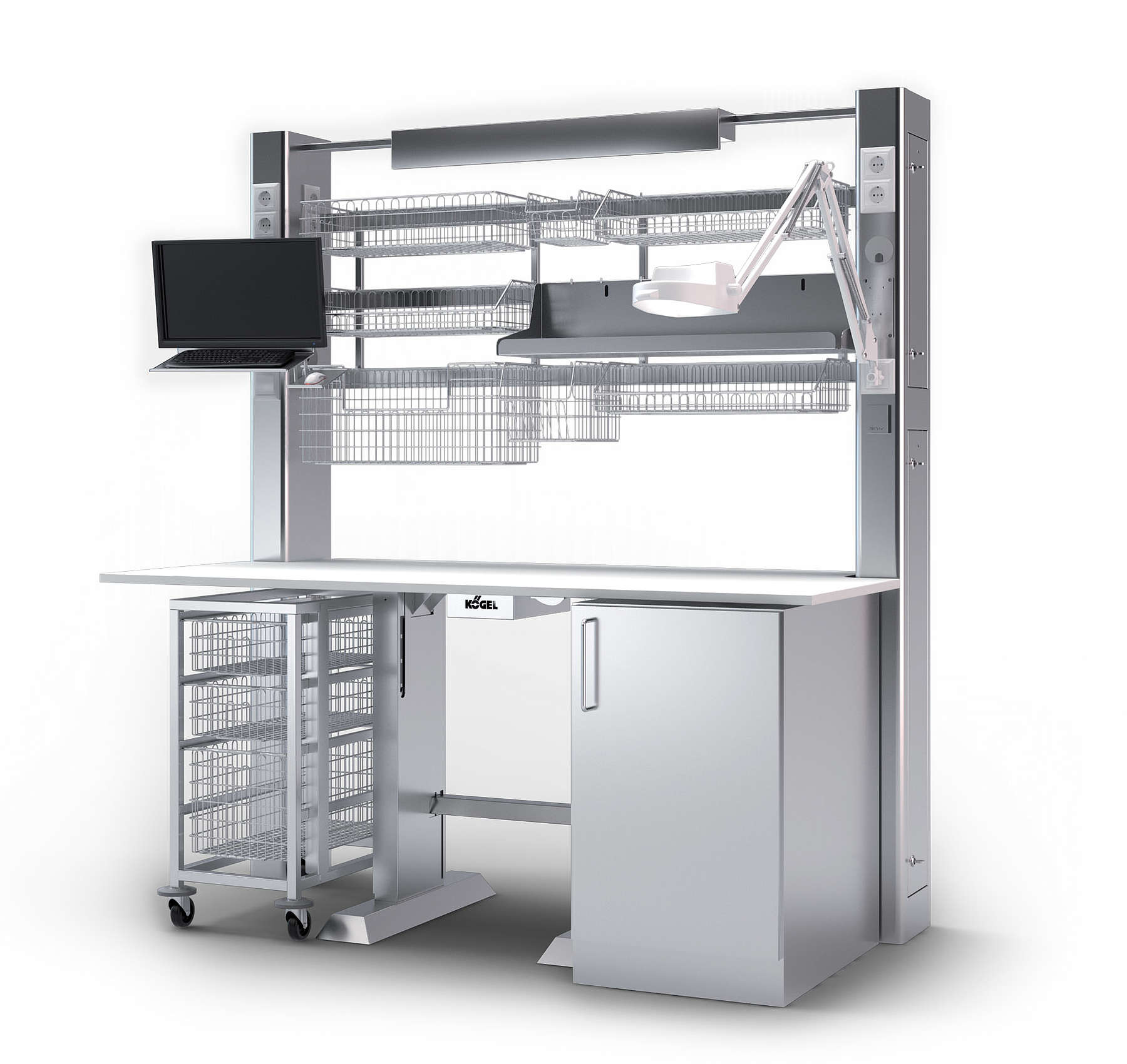 Der stationäre & höhenverstellbare Trockenarbeitsplatz „Ordinis“ besteht aus einem Tisch mit Keramikt- oder Edelstahlischplatte, einem Unterschrank und verschiedenen Siebkörben am Hakenrahmen.